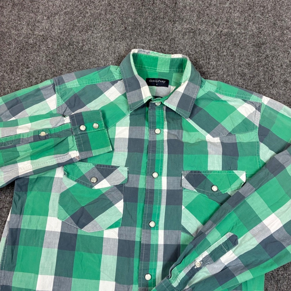 Double Pump Mens Small Green Plaid Western Pearl Snap‎ Button Long Sleeve Shirt